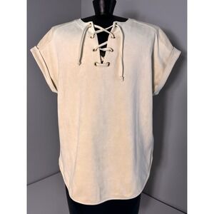Cupio Faux Suede Lace Up Top Women's Medium Tan Boho Western Short Sleeve SOFT